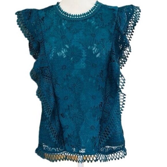 Anthropologie Guest Editor Teal lace ruffle sleeve, 100% polyester, lined, sz M - Picture 1 of 7